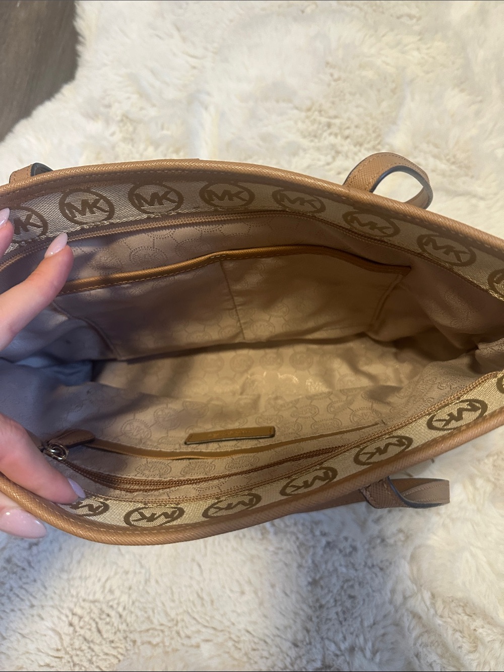 Michael Kors Tan & Beige MK Logo Canvas Tote - Picture 5 of 8